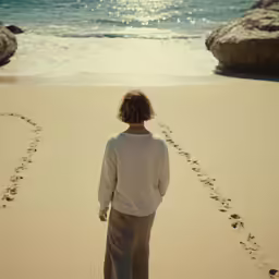 a woman on the beach walking along the shore