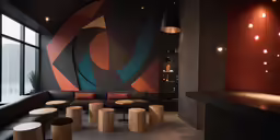 several tables and stools in a large room