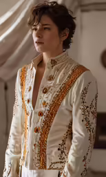 a woman is dressed in an elaborate dress