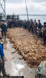 many people are standing near a large amount of seaweed on the beach
