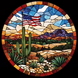 a round glass window with an american flag