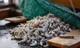 clumps of small, white mushrooms on a cutting board