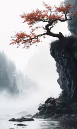 the lone tree is growing out of a cliff
