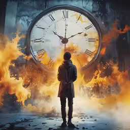 man standing in front of huge clock with fire and smoke around him