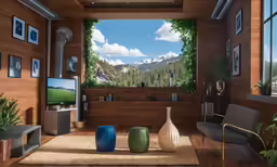 there is some art hanging on the walls and a chair