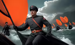 a man in uniform riding on a small boat