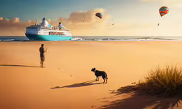 a person and dog are on the sand near the water,a man with a kite and a dog on a beach