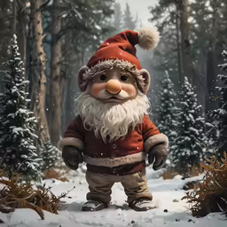 a santa claus standing in the snow by a pine tree