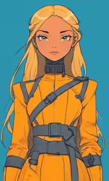 a anime drawing of blonde woman wearing an orange coat