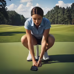 a woman in blue shirt and white shorts kneeling on a golf green