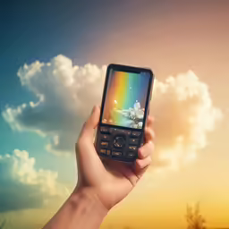 person holding a cellphone in their left hand over a photo with the rainbow behind it