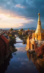 a river runs between two buildings with small trees