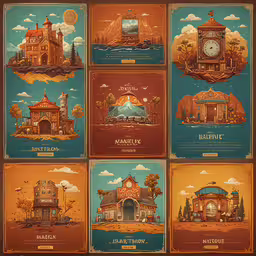 a set of four different styles of clock houses,there are different poster with several buildings that are different