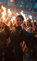 young woman in dark robes holding torches with fire