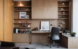 a modern home office with a large wooden desk and bookcase