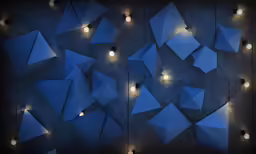 a dark area with small lights and hanging triangles
