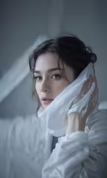 woman in white coat hiding behind a blanket