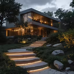 a very nice house with some steps lit up