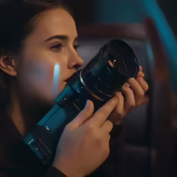 a woman with dark hair taking photos through a camera