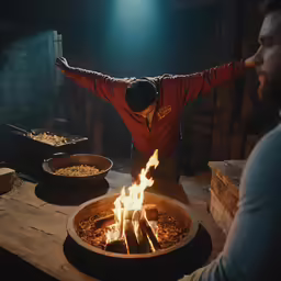 a man in red jacket holding his arms out next to a large fire