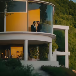 two men are talking on a balcony in front of a house
