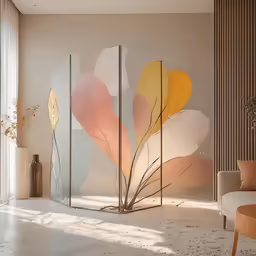 two tall glass screens holding various colored flowers
