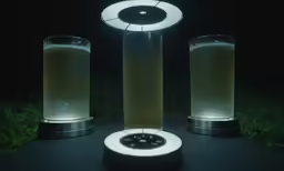two glasses with water on the rim next to a light on the ground