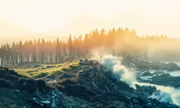 the mountains are covered in trees and rocks