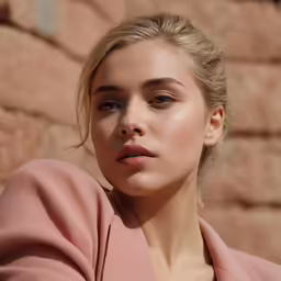 a woman with blond hair wearing pink jacket