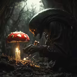a monster in a dark forest sitting by a bright mushroom