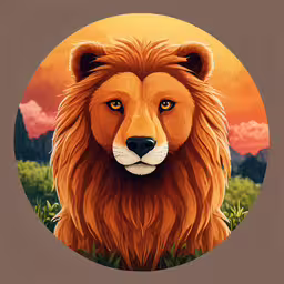an animal painting that is in a circle,a lion face with yellow eyes on a sunset background