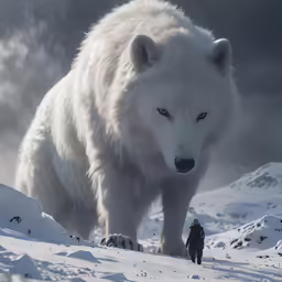 an arctic bear walking across a snow covered field