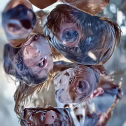 five identical people are depicted reflected in glass