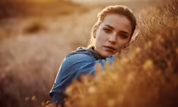 woman in blue dress lying head to face, outdoors