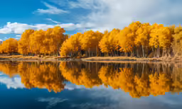 a row of trees by the water with yellow leaves