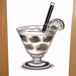 a black and white photo of a glass with alcohol,a drawing of a cocktail with an orange