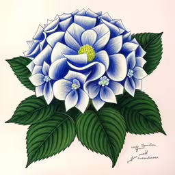 a drawing of a blue and white flower with green leaves,a large flower with some green leaves around it