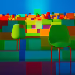 four chairs sitting in front of a multicolored wall