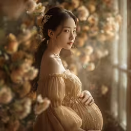 a woman with an ornate dress, wearing gold, near a window,a pregnant woman poses for a portrait with flowers in the background