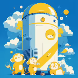 cartoonized illustration of a yellow and white rocket with monkeys