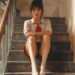 the woman is sitting on some stairs