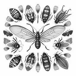 vintage illustration of different types of insects in a circle,insects in the circle, with the top section painted black