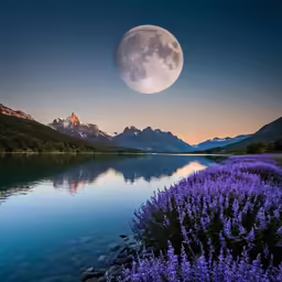 a river with purple flowers on the banks at sunset