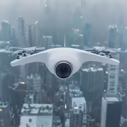 a large white camera is over a city
