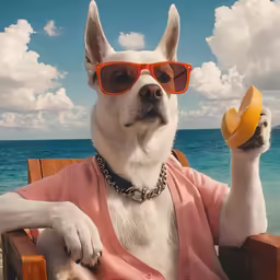 a dog is holding onto a lemon wearing sunglasses