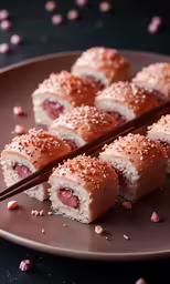 several pieces of food on a plate with chop sticks