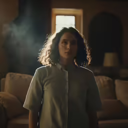 a woman with curly hair is looking down while standing in front of a couch