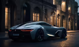 a car in the middle of an alley near some buildings