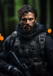 a man wearing a bullet jacket holding a weapon,a man with black vest and gloves holding a gun