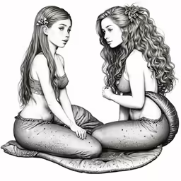 two mermaids on a blanket are talking